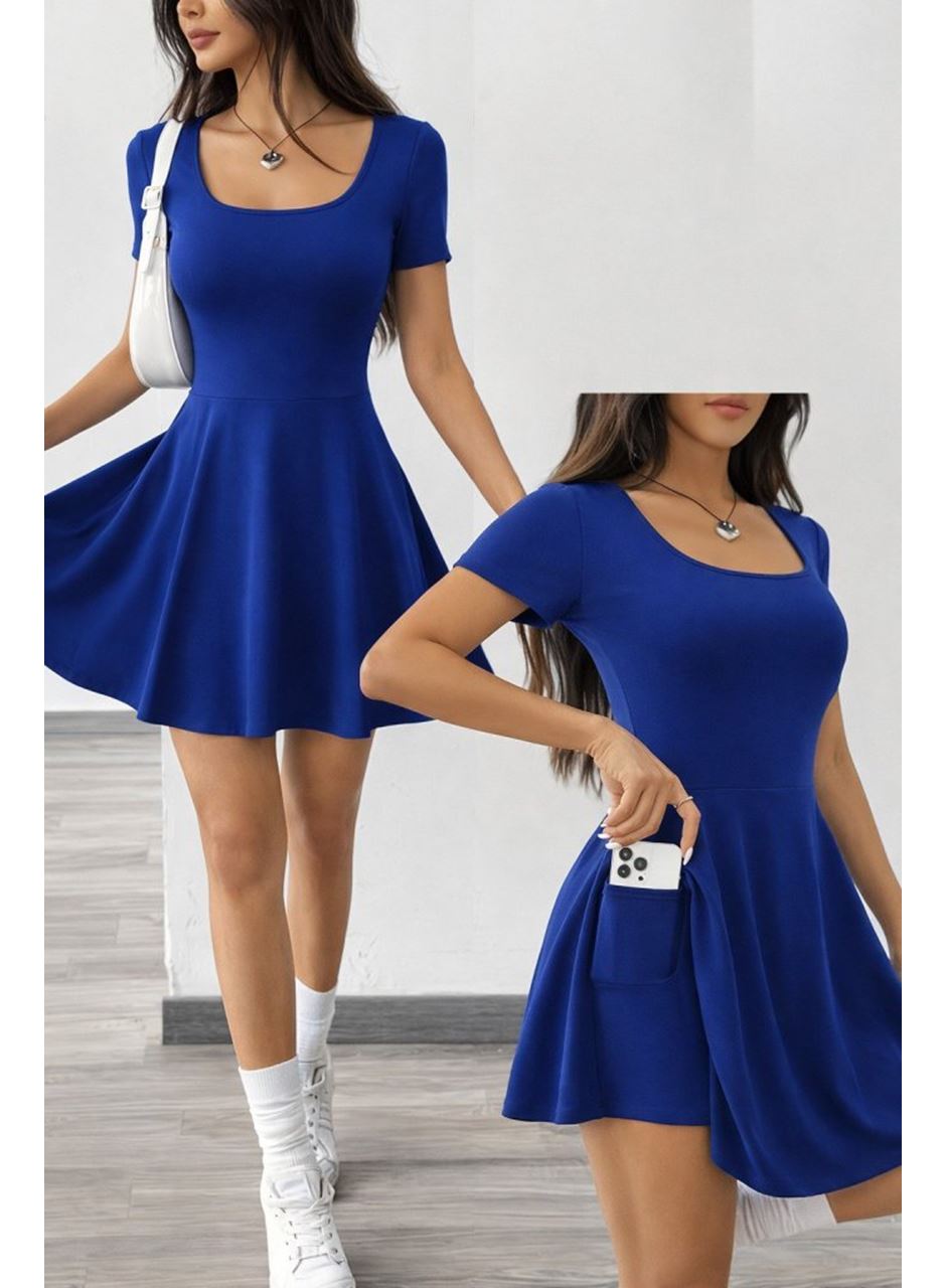 Kadın Kısa Kollu Kare Yakalı Cep Detaylı Dalgıç Elbise Tulum