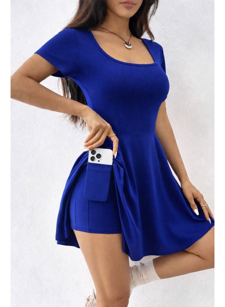 Kadın Kısa Kollu Kare Yakalı Cep Detaylı Dalgıç Elbise Tulum