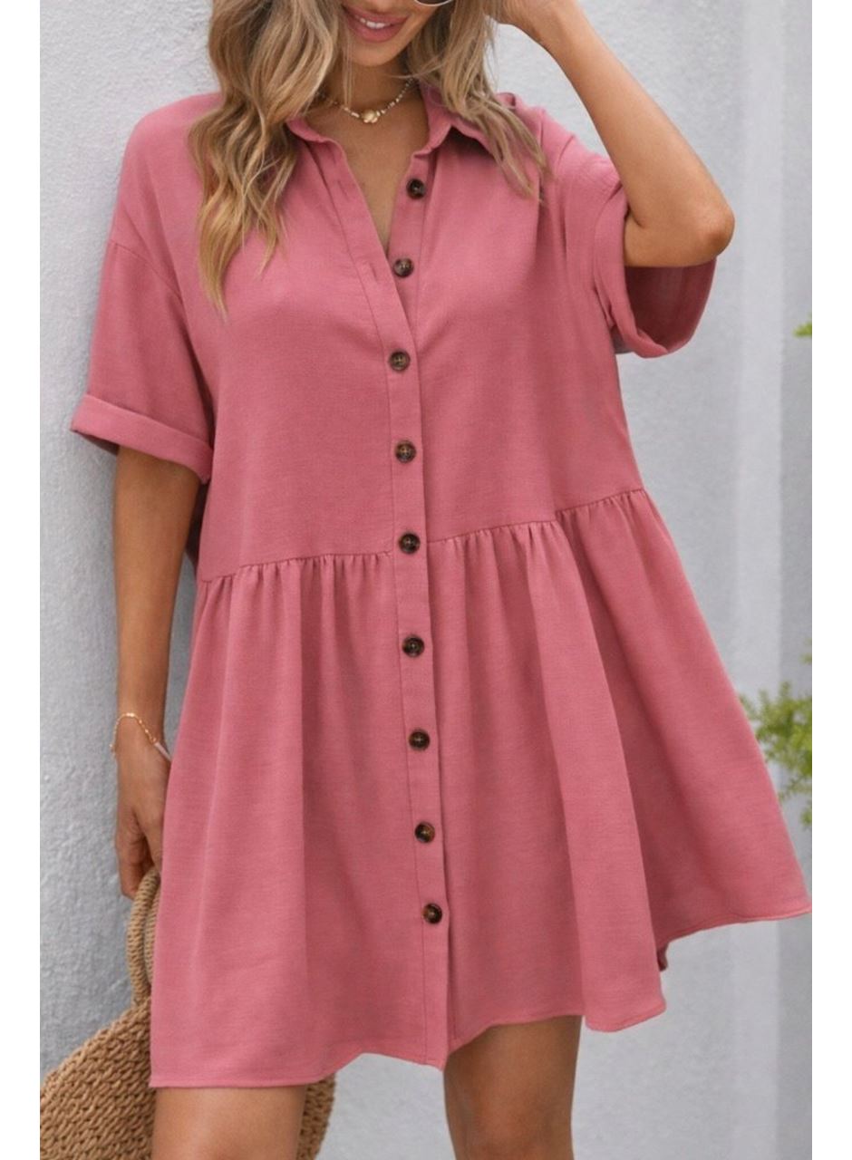 Kadın Kısa Kollu Yakalı önden Düğmeli Kısa Bürümcük Elbise