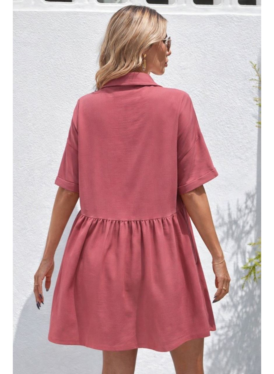 Kadın Kısa Kollu Yakalı önden Düğmeli Kısa Bürümcük Elbise