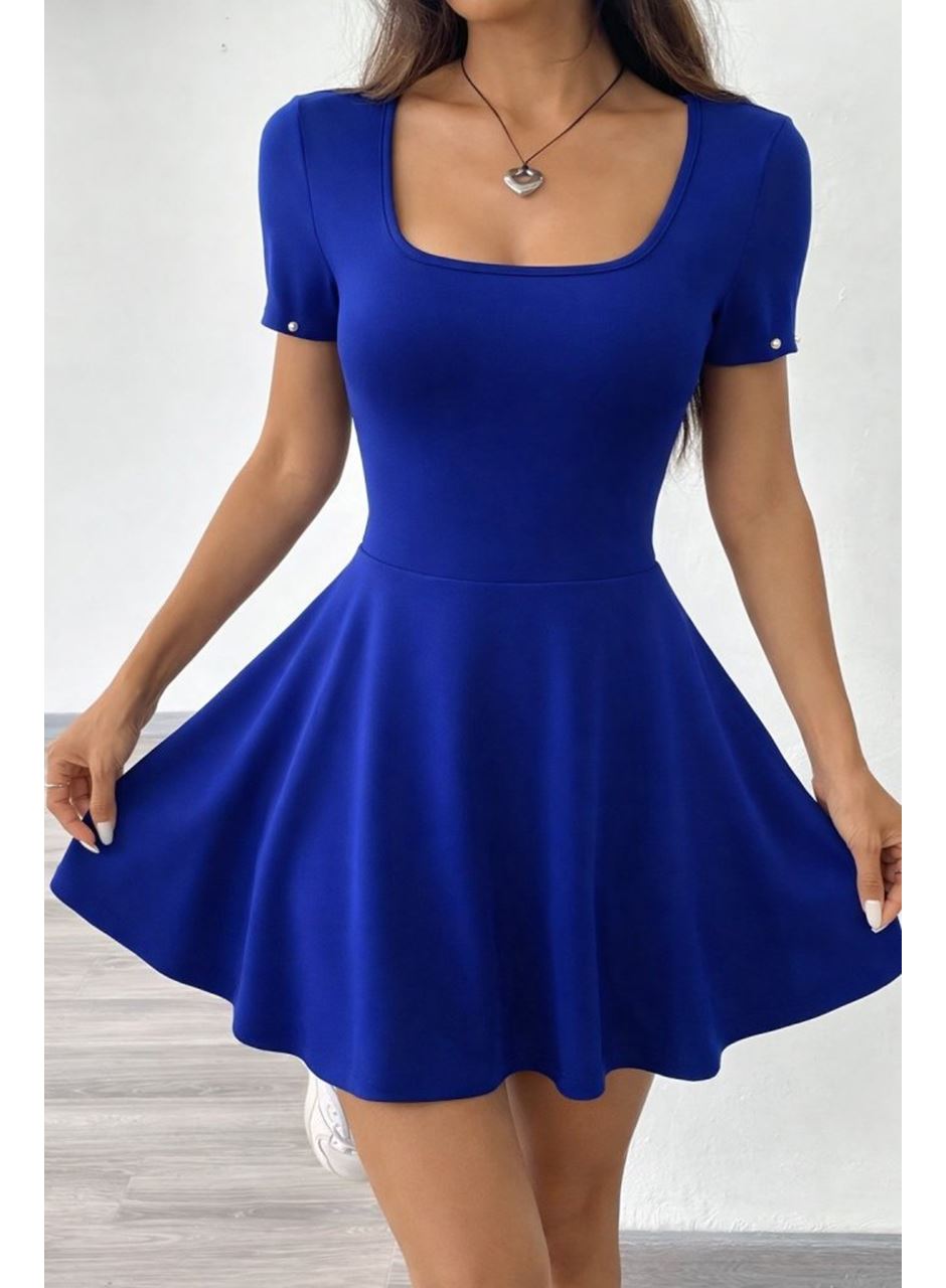 Kadın Kısa Kollu Kare Yakalı Cep Detaylı Dalgıç Elbise Tulum