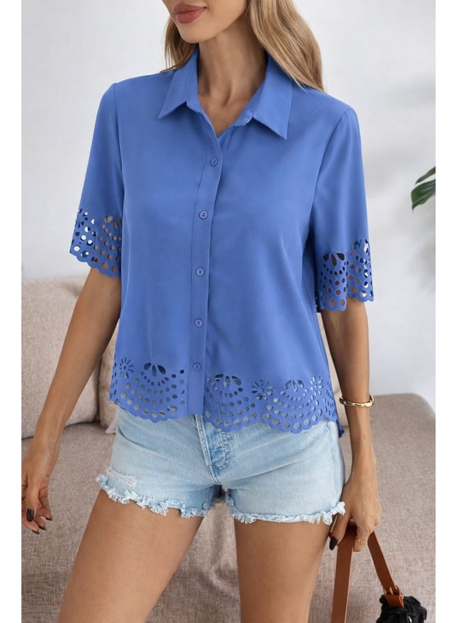 Kadın Kısa Kollu Yakalı önden Düğmeli Dubai Gömlek Bluz