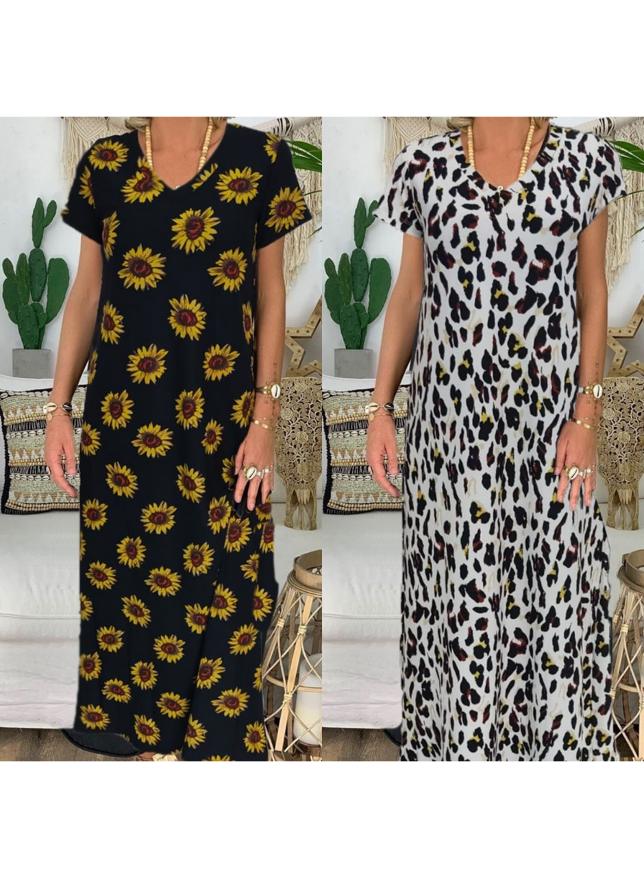 Kadın Kısa Kollu V Yaka Tam Boy Zebra Desen Pegasus Kumaş Elbise