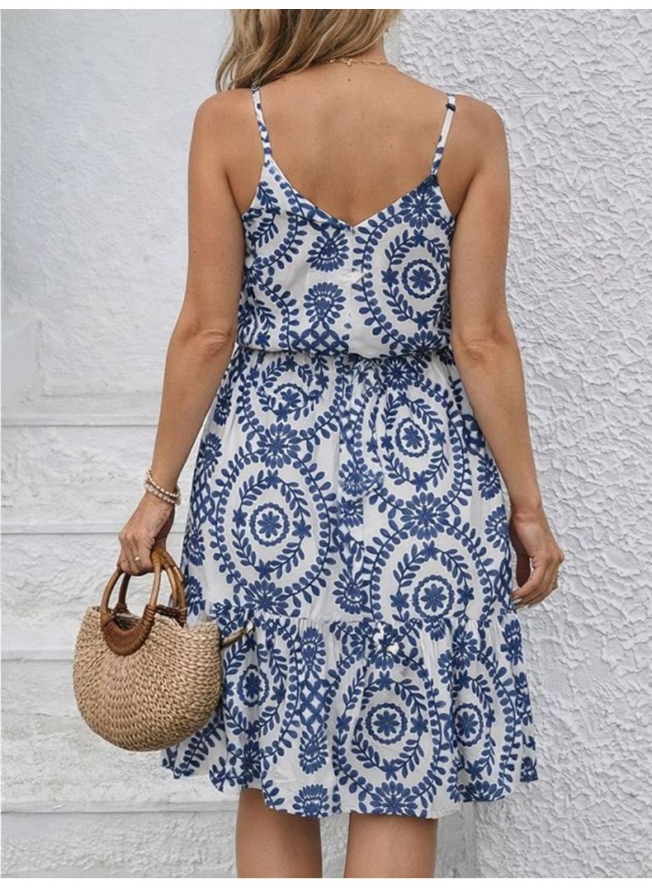 Kadın Ip Askılı V Yakalı Düğmeli Desenli Kısa Süprem Elbise