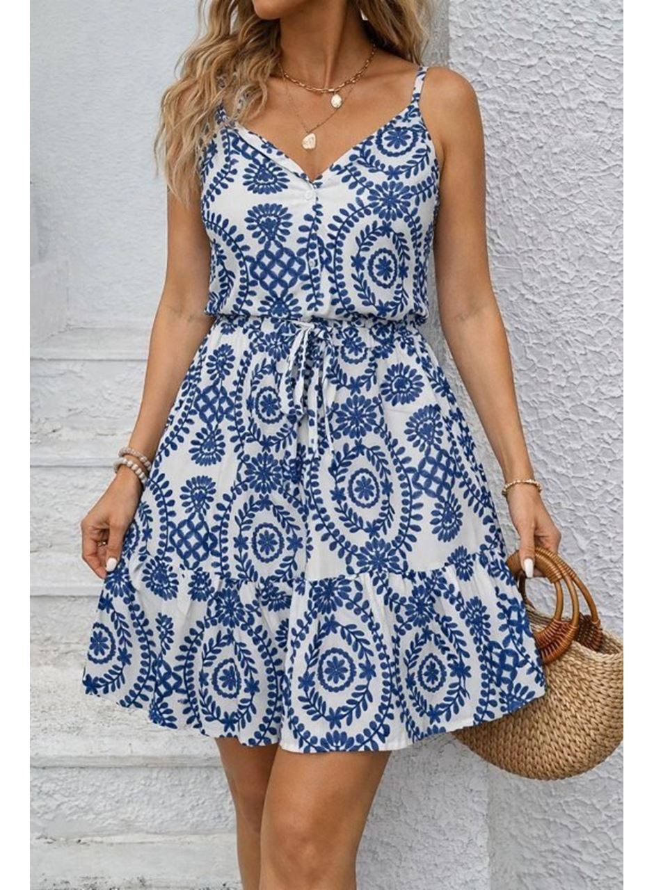 Kadın Ip Askılı V Yakalı Düğmeli Desenli Kısa Süprem Elbise