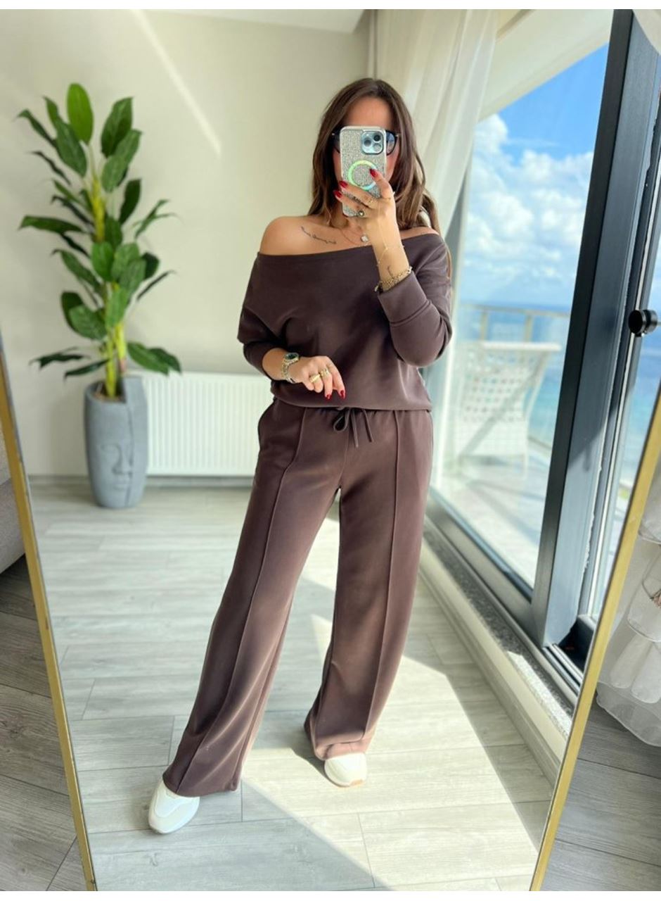 Kadın Uzun Kollu Tek Omuzdan Açık Modal Bluz Ve Pantolon Ikili Takım