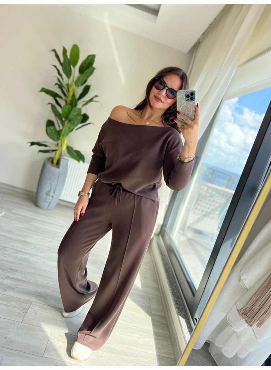 Kadın Uzun Kollu Tek Omuzdan Açık Modal Bluz Ve Pantolon Ikili Takım