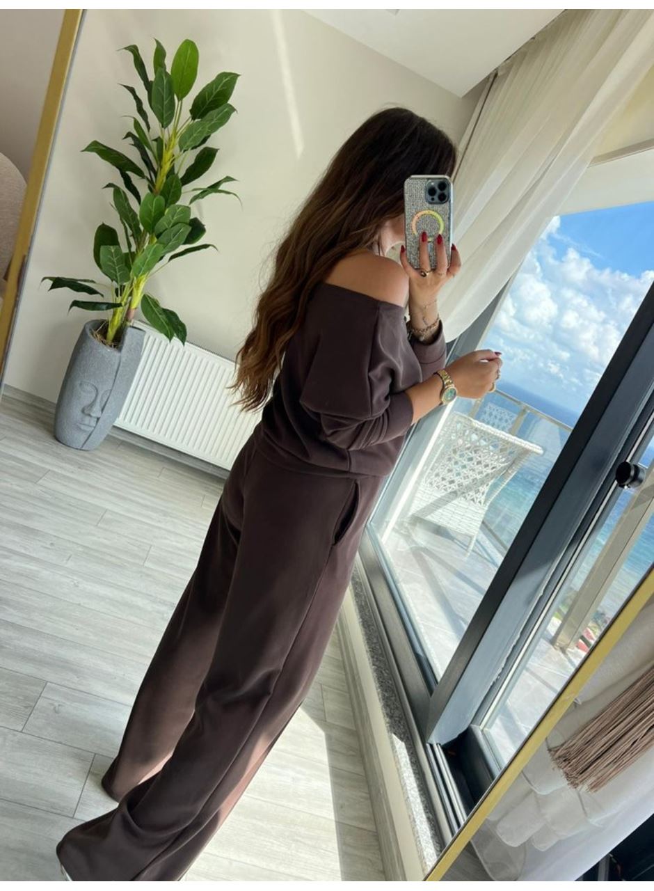 Kadın Uzun Kollu Tek Omuzdan Açık Modal Bluz Ve Pantolon Ikili Takım
