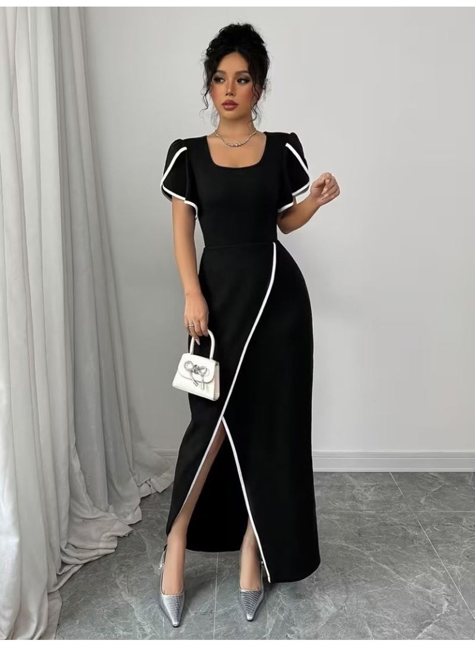 Kadın Kısa Kollu Kare Yakalı önden çapraz Kesim Detaylı Krep Elbise