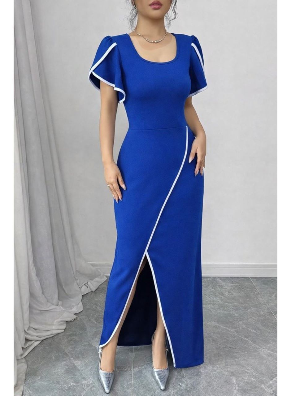 Kadın Kısa Kollu Kare Yakalı önden çapraz Kesim Detaylı Krep Elbise