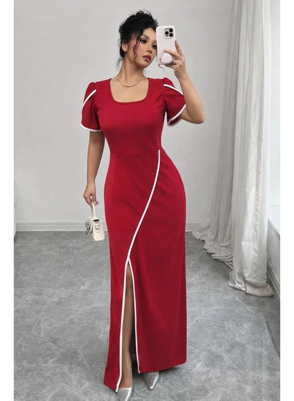 Kadın Kısa Kollu Kare Yakalı önden çapraz Kesim Detaylı Krep Elbise