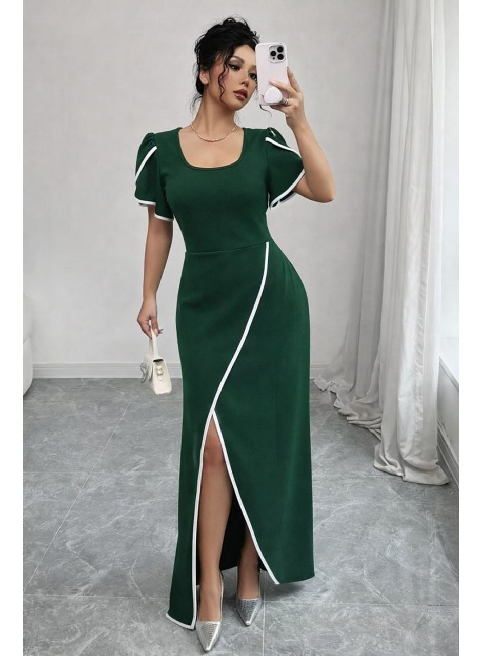 Kadın Kısa Kollu Kare Yakalı önden çapraz Kesim Detaylı Krep Elbise