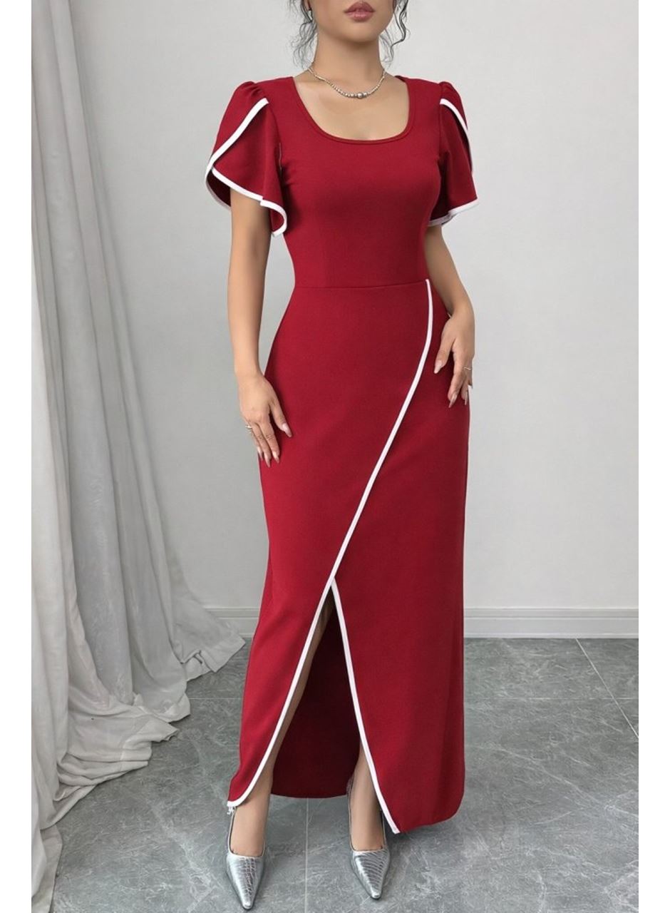 Kadın Kısa Kollu Kare Yakalı önden çapraz Kesim Detaylı Krep Elbise