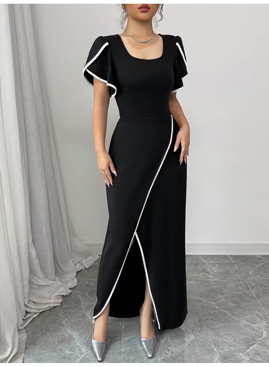 Kadın Kısa Kollu Kare Yakalı önden çapraz Kesim Detaylı Krep Elbise