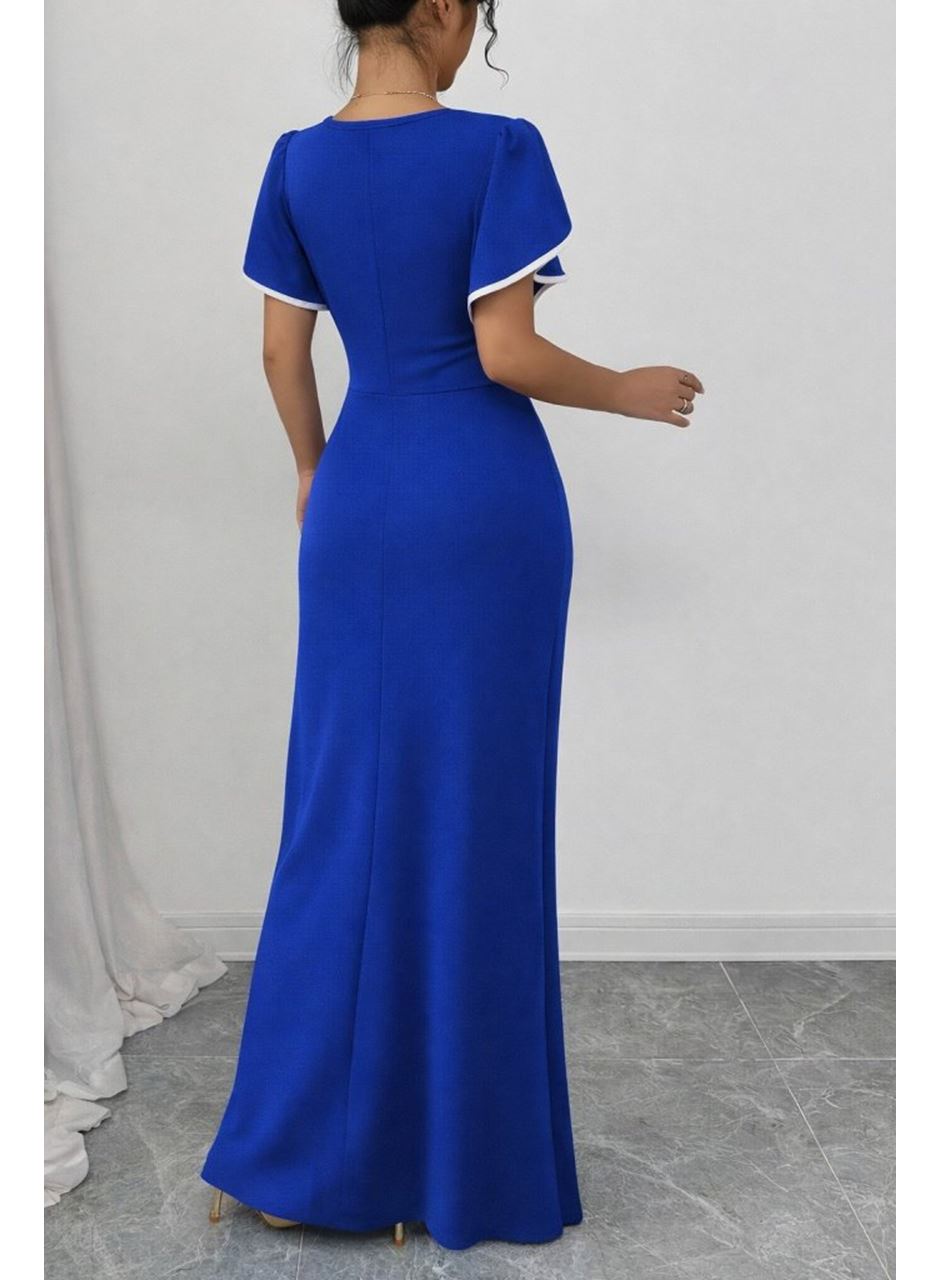 Kadın Kısa Kollu Kare Yakalı önden çapraz Kesim Detaylı Krep Elbise