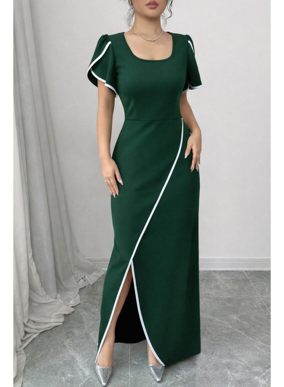 Kadın Kısa Kollu Kare Yakalı önden çapraz Kesim Detaylı Krep Elbise