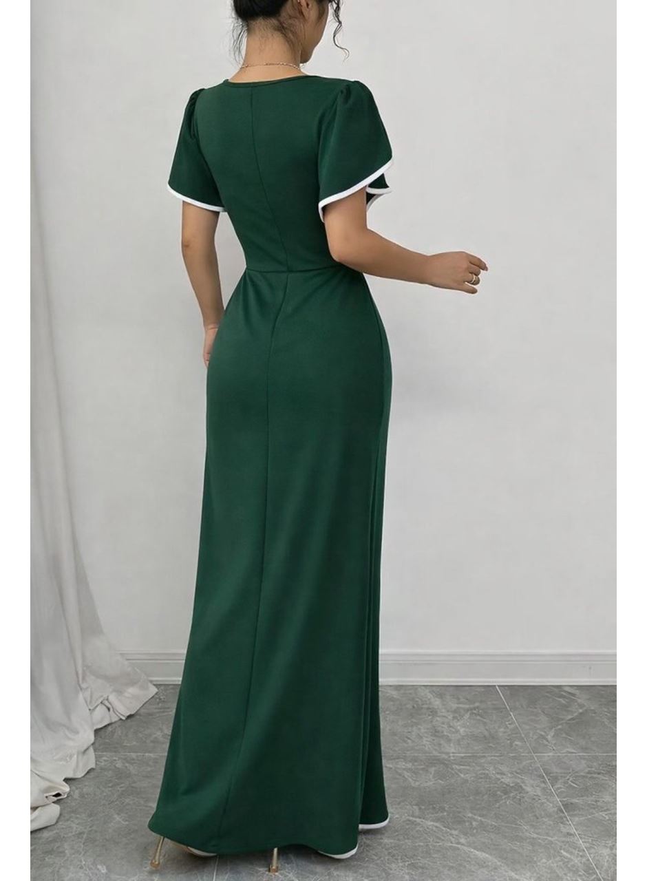 Kadın Kısa Kollu Kare Yakalı önden çapraz Kesim Detaylı Krep Elbise