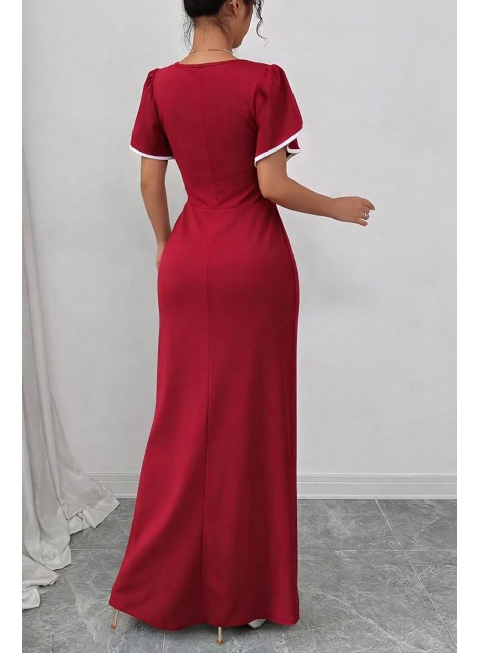 Kadın Kısa Kollu Kare Yakalı önden çapraz Kesim Detaylı Krep Elbise