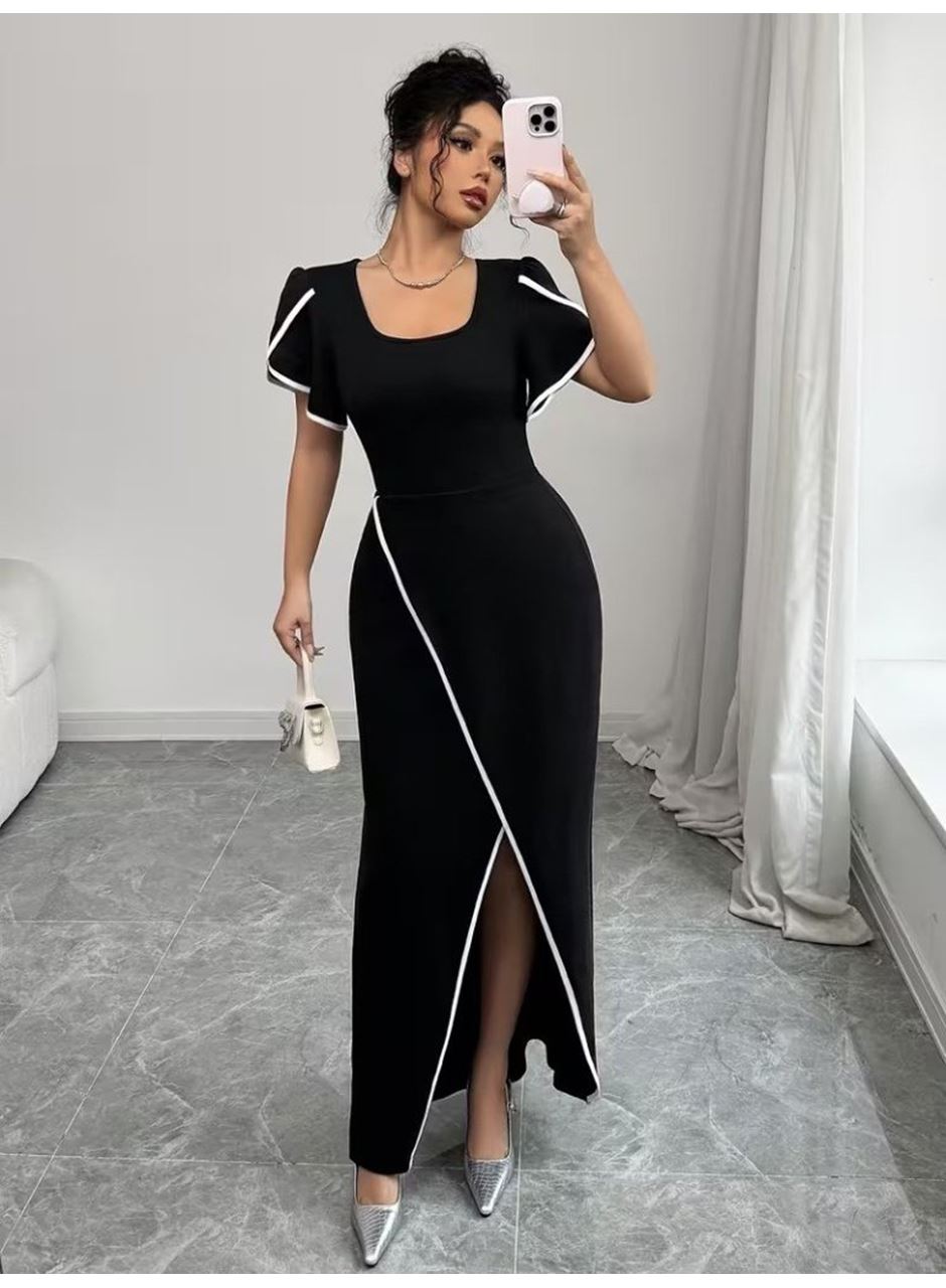 Kadın Kısa Kollu Kare Yakalı önden çapraz Kesim Detaylı Krep Elbise