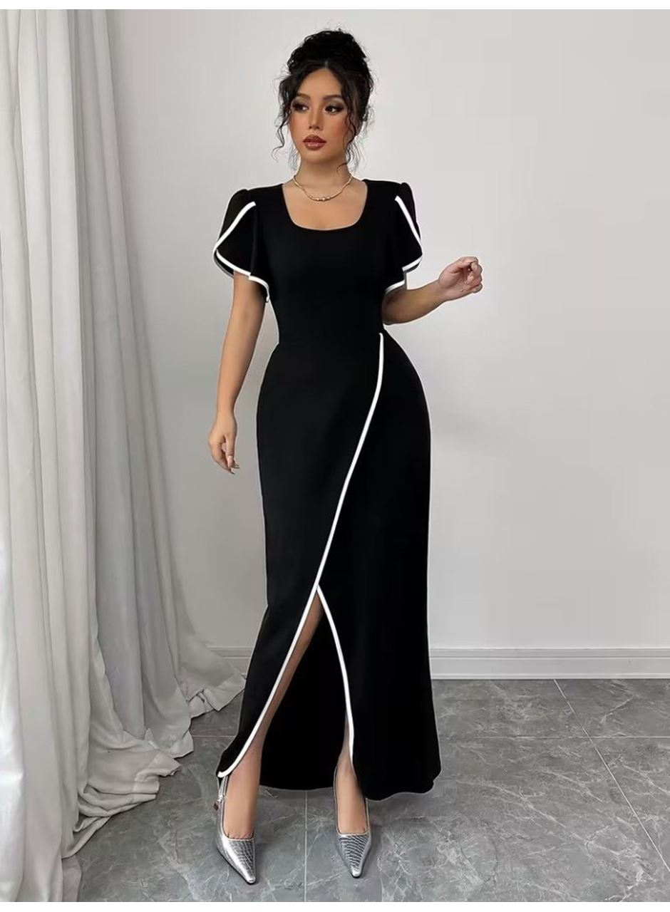 Kadın Kısa Kollu Kare Yakalı önden çapraz Kesim Detaylı Krep Elbise