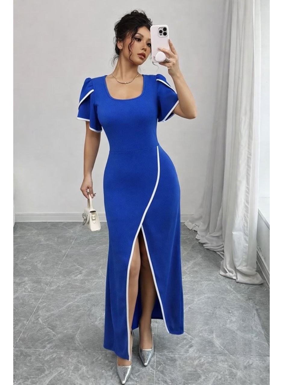 Kadın Kısa Kollu Kare Yakalı önden çapraz Kesim Detaylı Krep Elbise