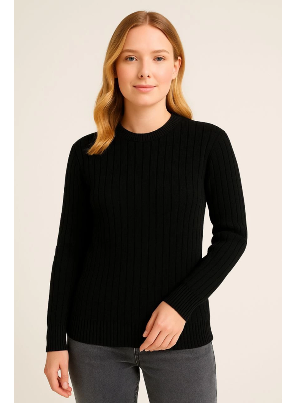 Bisiklet Yuvarlak Yaka Triko Kazak Pamuklu Kalın Fitilli Dokuma, Regular Fit Uzun Kollu Kışlık Model - Siyah