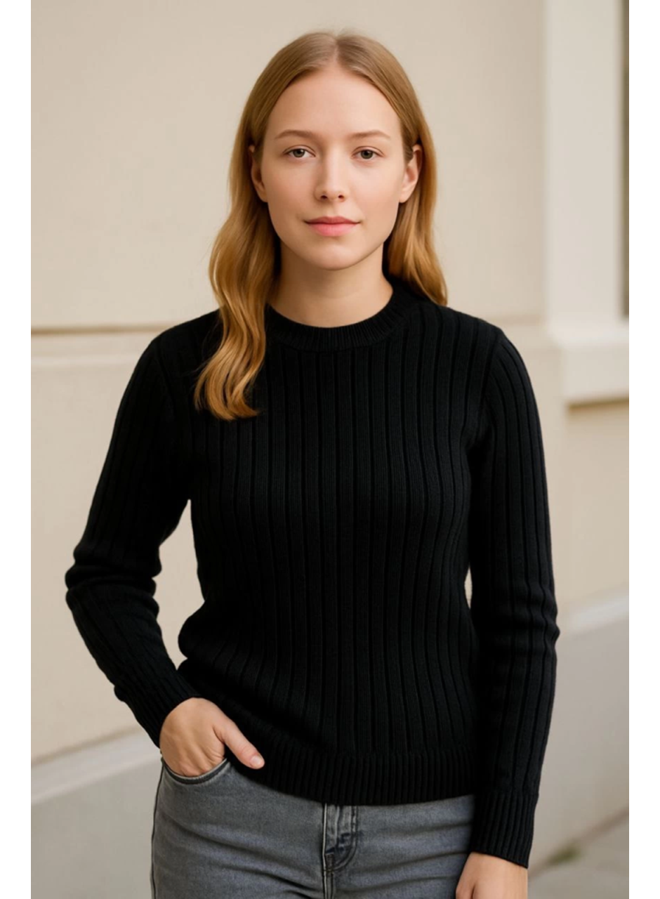 Bisiklet Yuvarlak Yaka Triko Kazak Pamuklu Kalın Fitilli Dokuma, Regular Fit Uzun Kollu Kışlık Model - Siyah