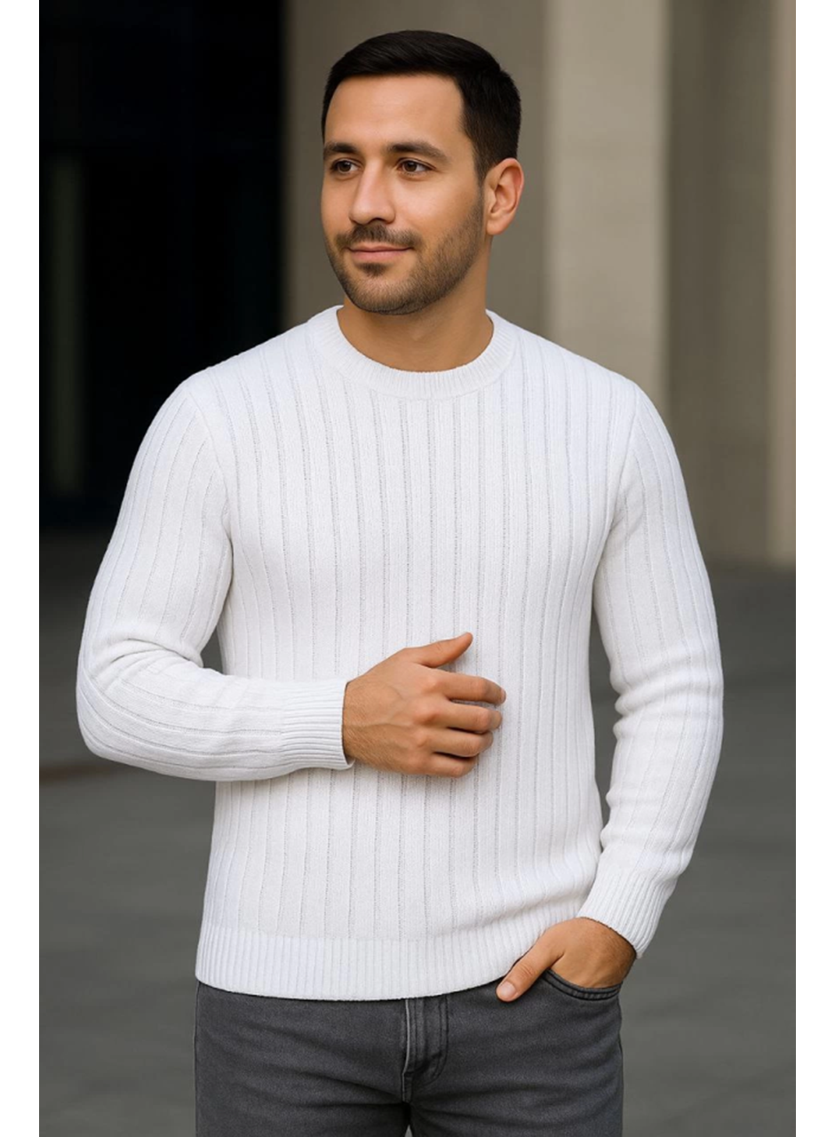 Erkek Bisiklet Yuvarlak Yaka Triko Kazak Pamuklu Kalın Fitilli Dokuma, Regular Fit Uzun Kollu Kışlık Model - Beyaz