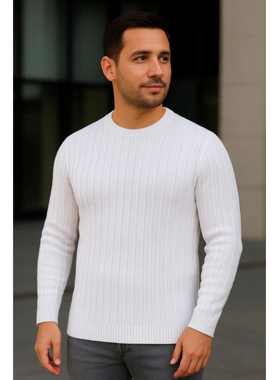 Erkek Bisiklet Yuvarlak Yaka Triko Kazak Pamuklu Kalın Fitilli Dokuma, Regular Fit Uzun Kollu Kışlık Model - Beyaz