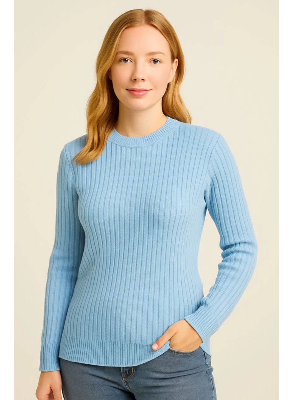 Bisiklet Yuvarlak Yaka Triko Kazak Pamuklu Kalın Fitilli Dokuma, Regular Fit Uzun Kollu Kışlık Model - Bebe Mavisi