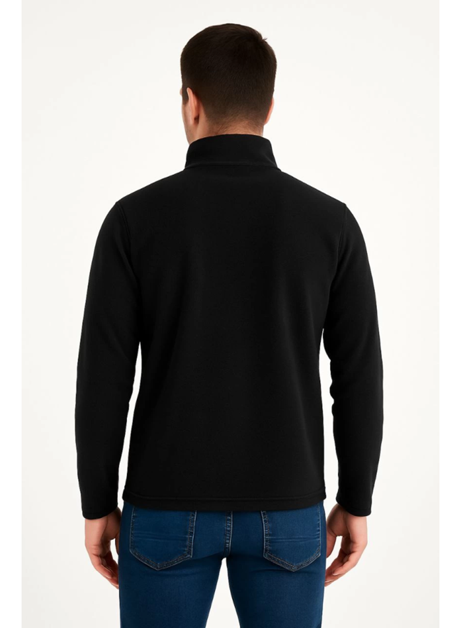 Erkek Polar Kazak – Dik Yaka, Yarım Fermuarlı, Fermuarlı Göğüs Cepli, Siyah Biyeli, Kışlık Rahat Regular Fit Günlük Model - Siyah