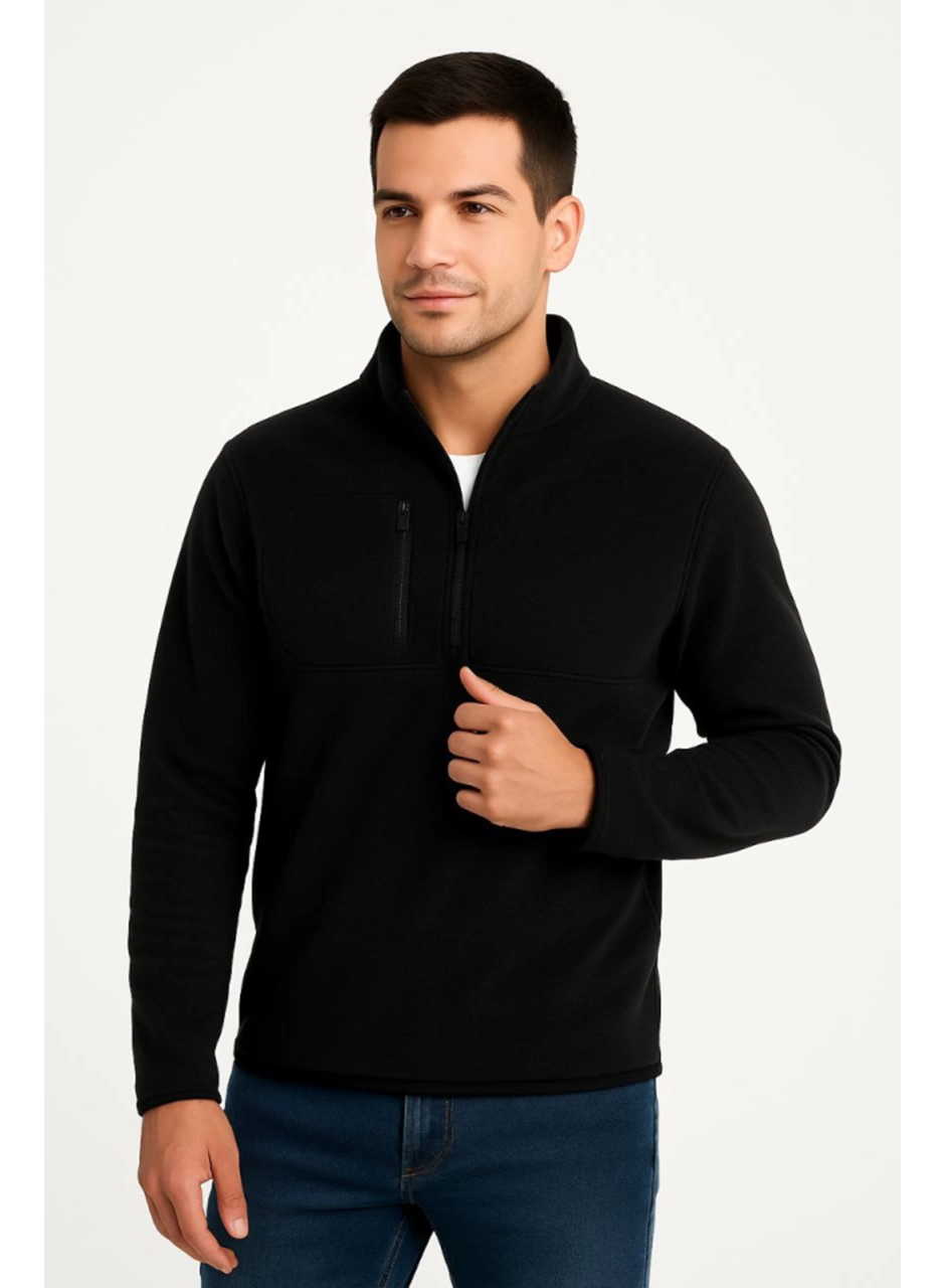 Erkek Polar Kazak – Dik Yaka, Yarım Fermuarlı, Fermuarlı Göğüs Cepli, Siyah Biyeli, Kışlık Rahat Regular Fit Günlük Model - Siyah