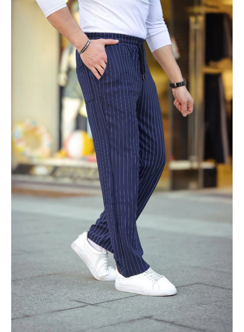 Erkek Cizgili Dokuma Krep Jogger Buggy Pantalon Rahat Kalıp - Lacivert