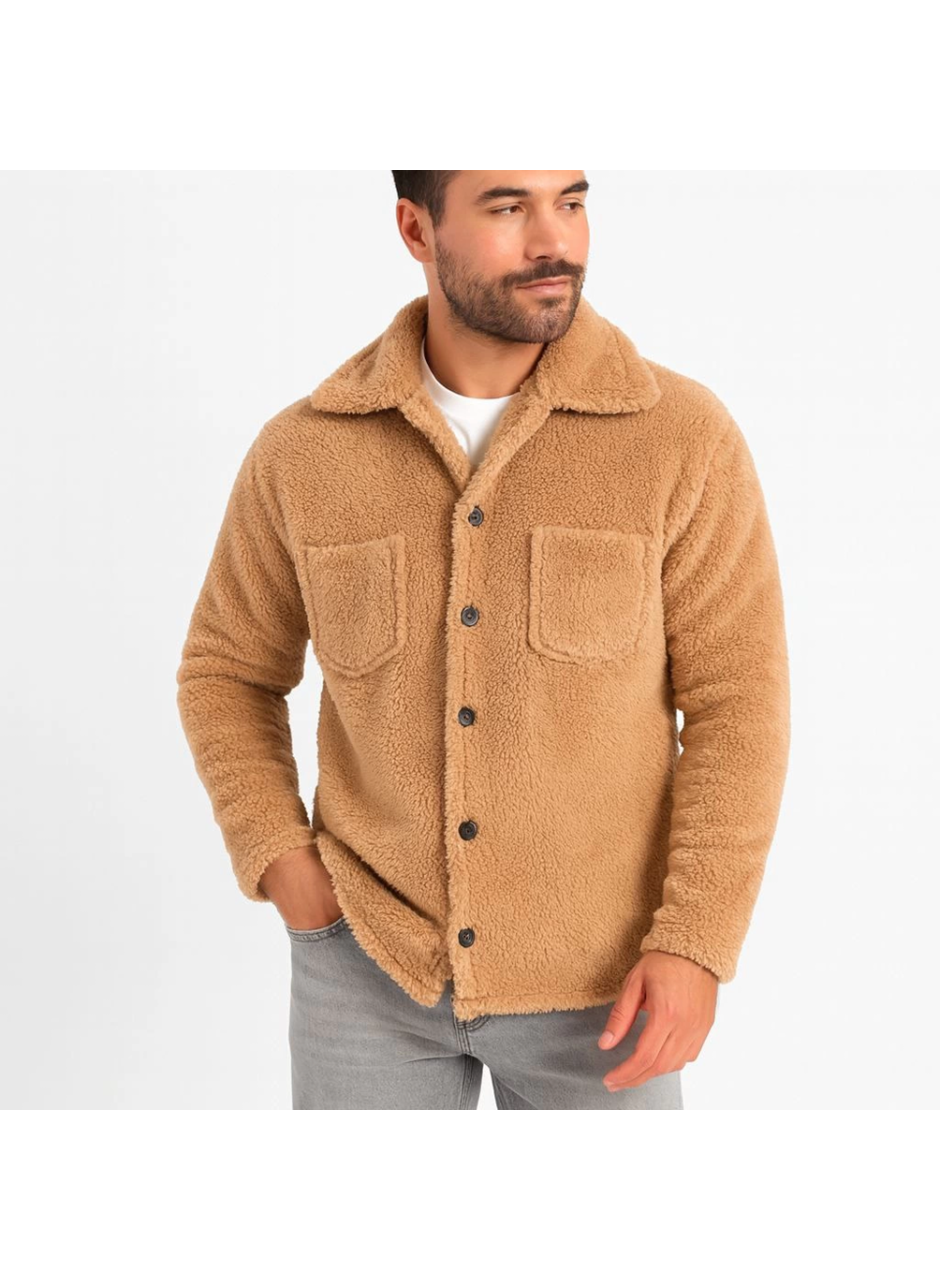 Erkek Pelüş Polar Hırka Gömlek – Yakalı, İlik Düğmeli, Göğüs Cepli, Yumuşak Dokulu Kışlık Regular Fit Rahat Günlük Model - Açık Kahve