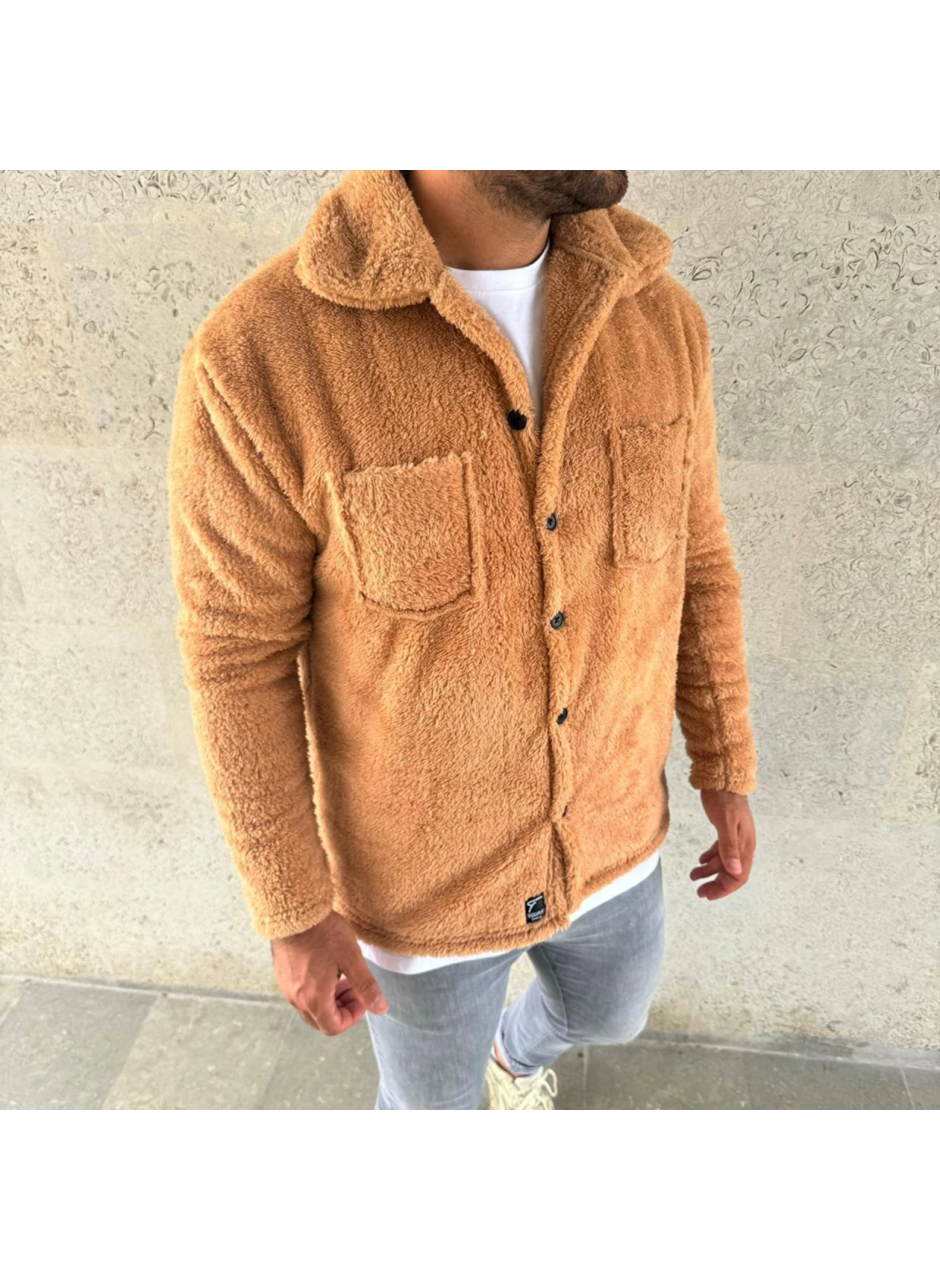 Erkek Pelüş Polar Hırka Gömlek – Yakalı, İlik Düğmeli, Göğüs Cepli, Yumuşak Dokulu Kışlık Regular Fit Rahat Günlük Model - Açık Kahve
