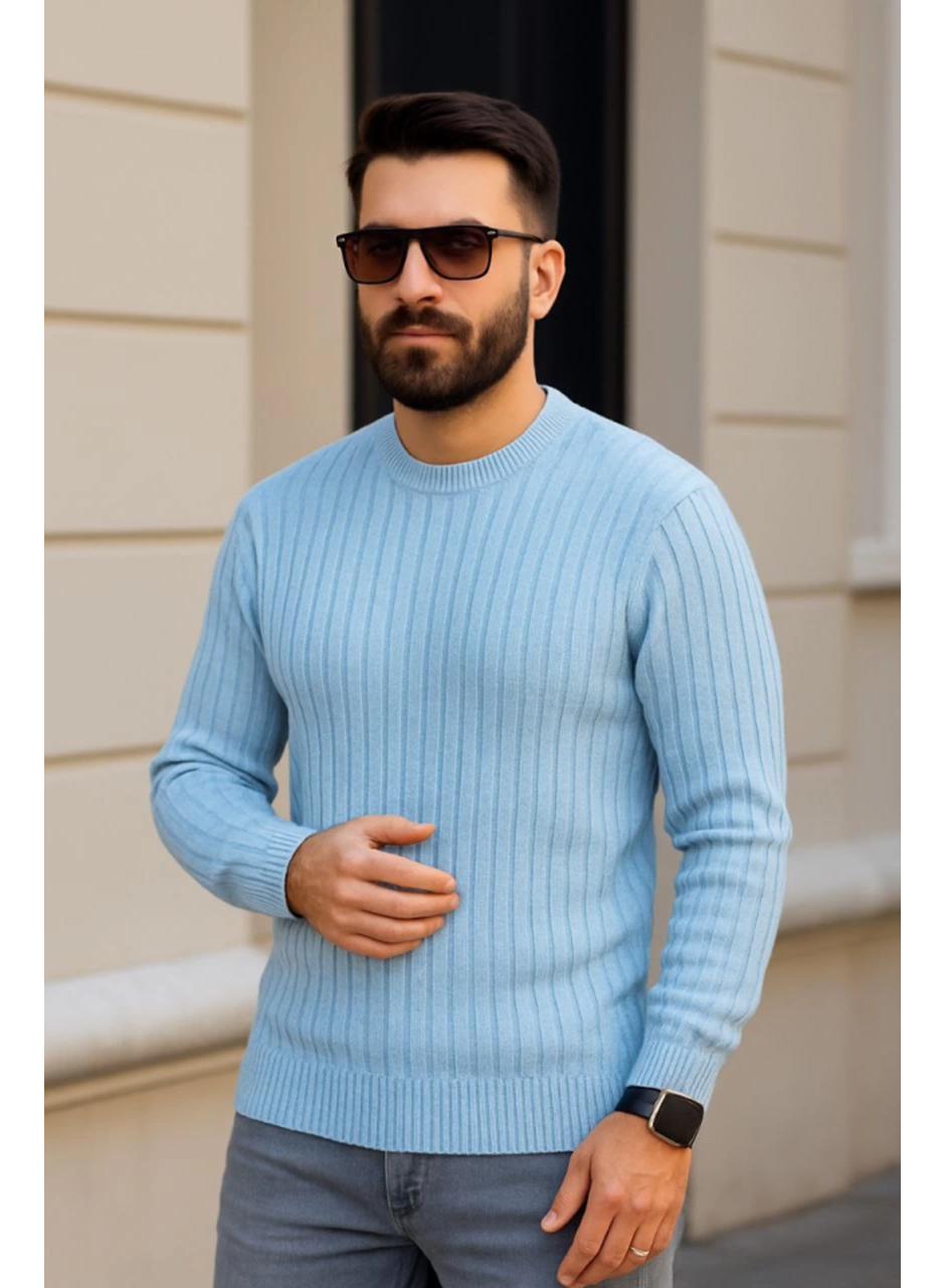 Erkek Bisiklet Yuvarlak Yaka Triko Kazak Pamuklu Kalın Fitilli Dokuma, Regular Fit Uzun Kollu Kışlık Model - Bebe Mavisi