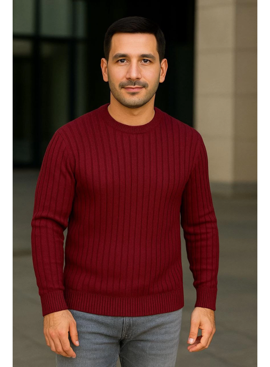Erkek Bisiklet Yuvarlak Yaka Triko Kazak Pamuklu Kalın Fitilli Dokuma, Regular Fit Uzun Kollu Kışlık Model - Bordo