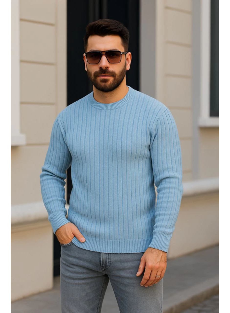 Erkek Bisiklet Yuvarlak Yaka Triko Kazak Pamuklu Kalın Fitilli Dokuma, Regular Fit Uzun Kollu Kışlık Model - Bebe Mavisi