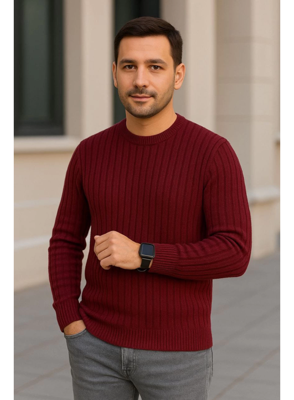 Erkek Bisiklet Yuvarlak Yaka Triko Kazak Pamuklu Kalın Fitilli Dokuma, Regular Fit Uzun Kollu Kışlık Model - Bordo