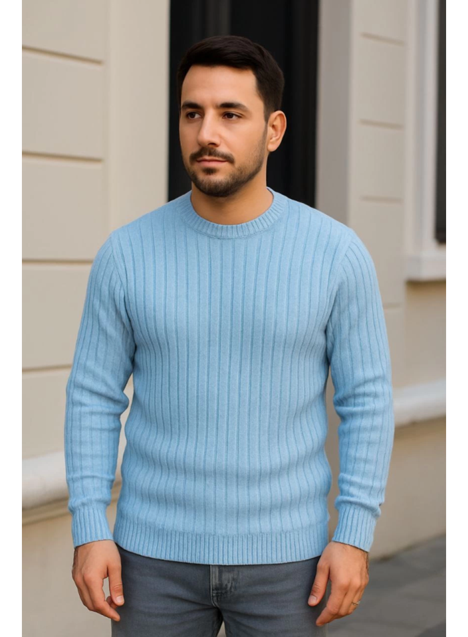 Erkek Bisiklet Yuvarlak Yaka Triko Kazak Pamuklu Kalın Fitilli Dokuma, Regular Fit Uzun Kollu Kışlık Model - Bebe Mavisi