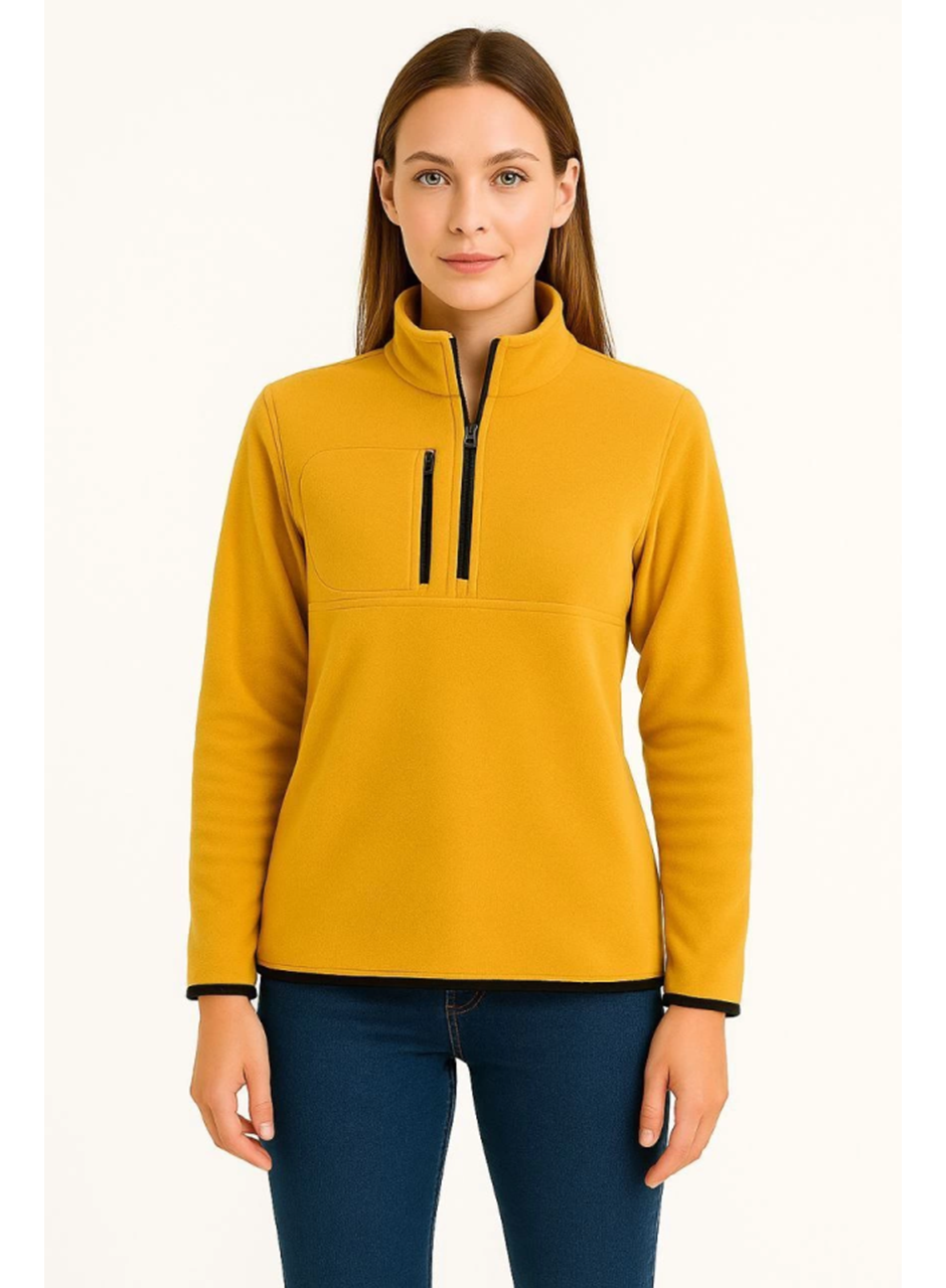 Polar Kazak – Dik Yaka, Yarım Fermuarlı, Fermuarlı Göğüs Cepli, Siyah Biyeli, Kışlık Rahat Regular Fit Günlük Model - Sarı