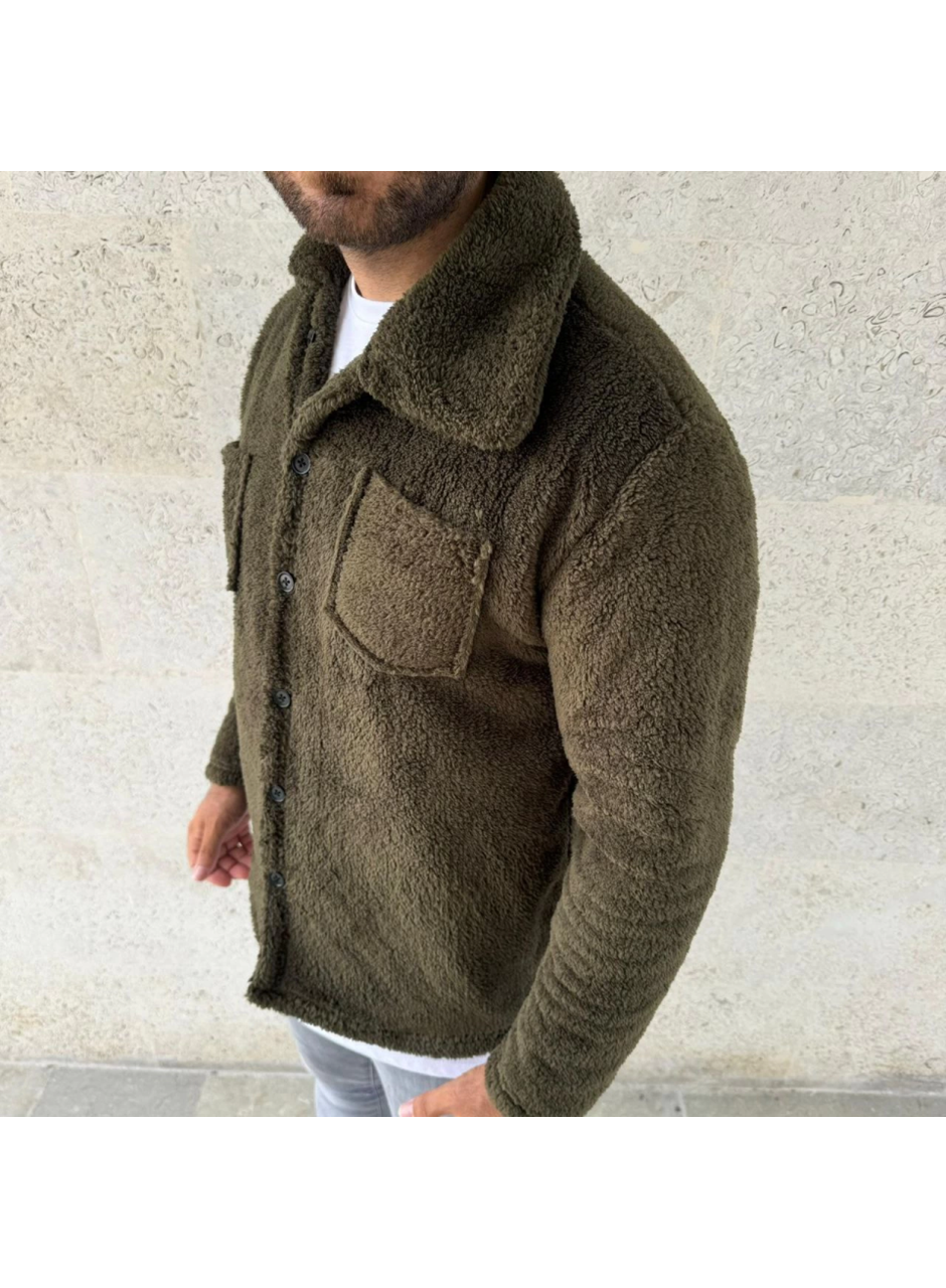 Erkek Pelüş Polar Hırka Gömlek – Yakalı, İlik Düğmeli, Göğüs Cepli, Yumuşak Dokulu Kışlık Regular Fit Rahat Günlük Model - Haki