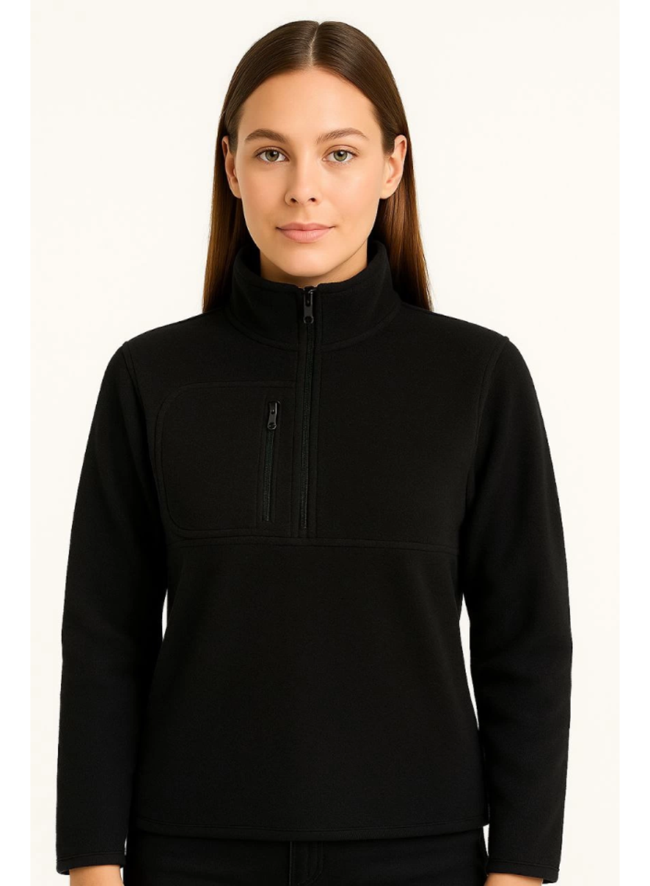 Polar Kazak – Dik Yaka, Yarım Fermuarlı, Fermuarlı Göğüs Cepli, Siyah Biyeli, Kışlık Rahat Regular Fit Günlük Model - Siyah