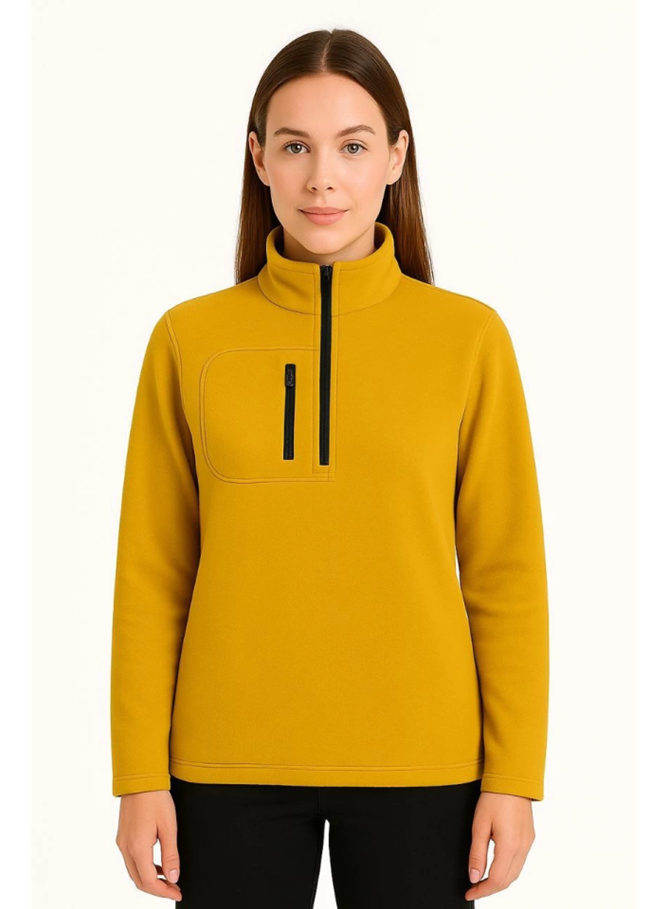 Polar Kazak – Dik Yaka, Yarım Fermuarlı, Fermuarlı Göğüs Cepli, Siyah Biyeli, Kışlık Rahat Regular Fit Günlük Model - Sarı