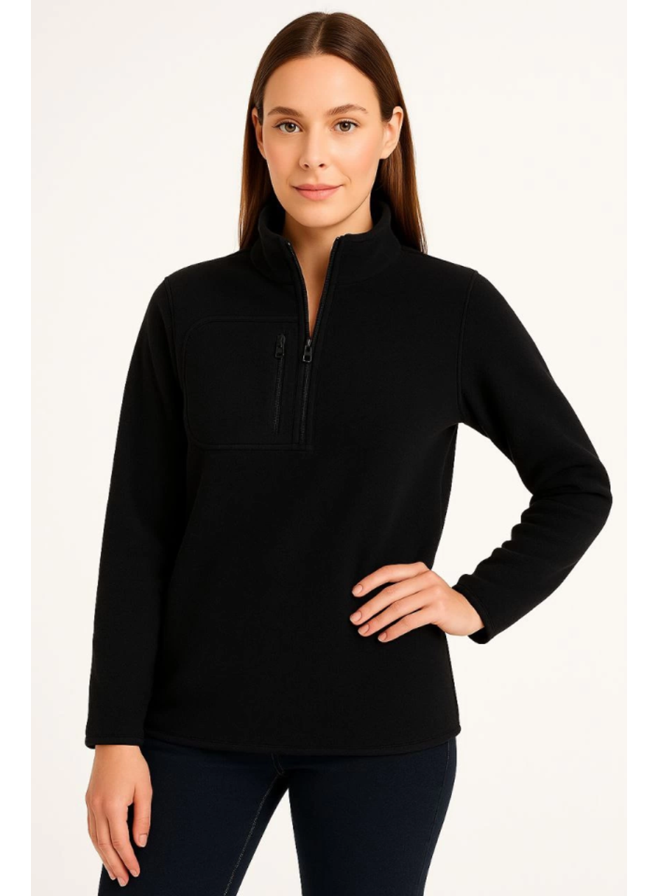 Polar Kazak – Dik Yaka, Yarım Fermuarlı, Fermuarlı Göğüs Cepli, Siyah Biyeli, Kışlık Rahat Regular Fit Günlük Model - Siyah