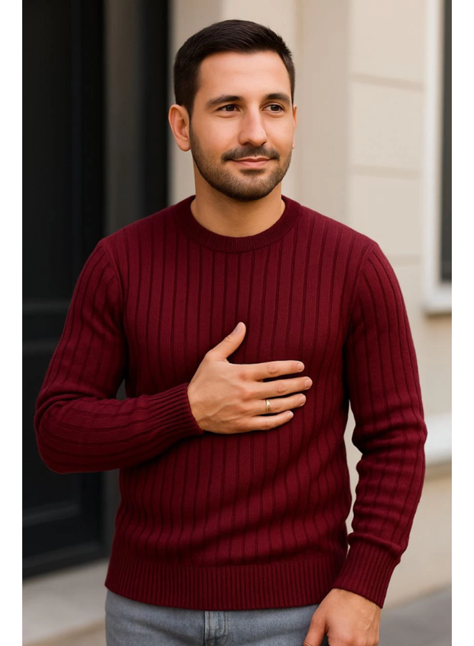Erkek Bisiklet Yuvarlak Yaka Triko Kazak Pamuklu Kalın Fitilli Dokuma, Regular Fit Uzun Kollu Kışlık Model - Bordo
