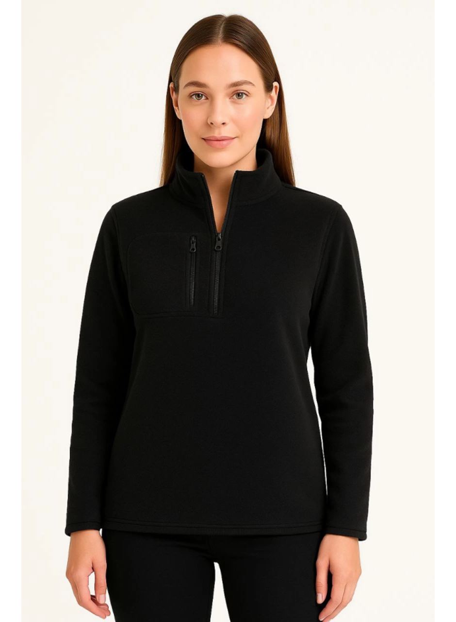 Polar Kazak – Dik Yaka, Yarım Fermuarlı, Fermuarlı Göğüs Cepli, Siyah Biyeli, Kışlık Rahat Regular Fit Günlük Model - Siyah