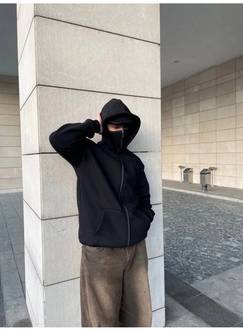 Samuray Ninja Çift Kapşonlu ZIP Fermuarlı Kanguru Çepli Tam Fermuarlı Hoodie Swetshirt - Siyah