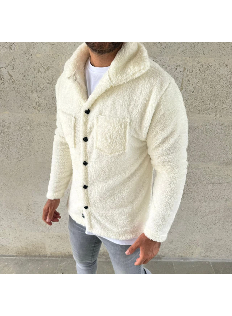 Erkek Pelüş Polar Hırka Gömlek – Yakalı, İlik Düğmeli, Göğüs Cepli, Yumuşak Dokulu Kışlık Regular Fit Rahat Günlük Model - Beyaz