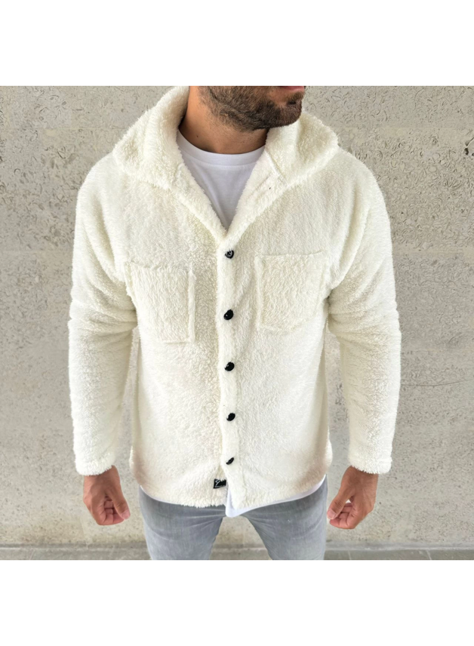 Erkek Pelüş Polar Hırka Gömlek – Yakalı, İlik Düğmeli, Göğüs Cepli, Yumuşak Dokulu Kışlık Regular Fit Rahat Günlük Model - Beyaz